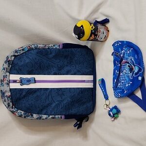 Stitch Backpack, Matching Keychain, Waist Pack, and Firebuds SipCup